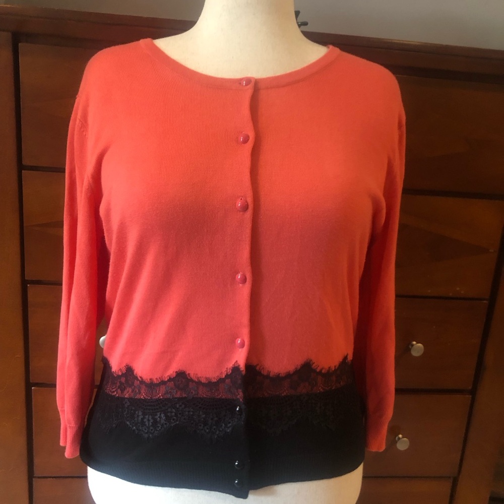 Ann Taylor Coral and Black Lace Trim Button-Front Cardigan